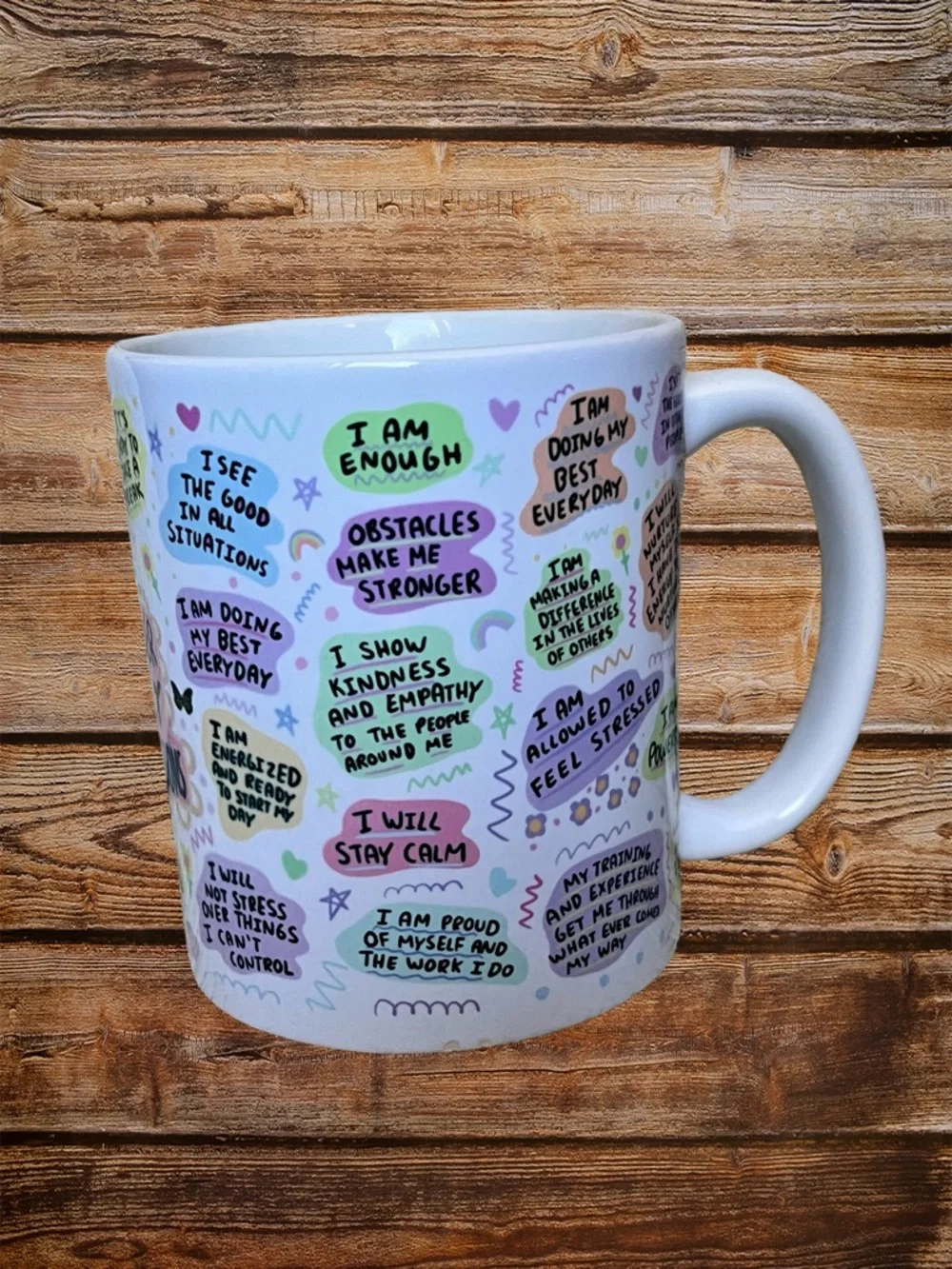 Artist Created Mug White Pink Blue Manager Affirmations
